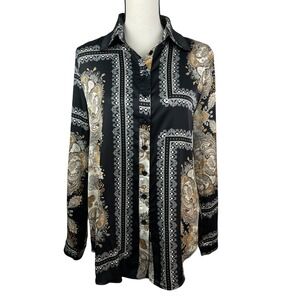 PrettyLittleThing Women's Button Front Shirt Size 0 Black Gold Paisley Oversized